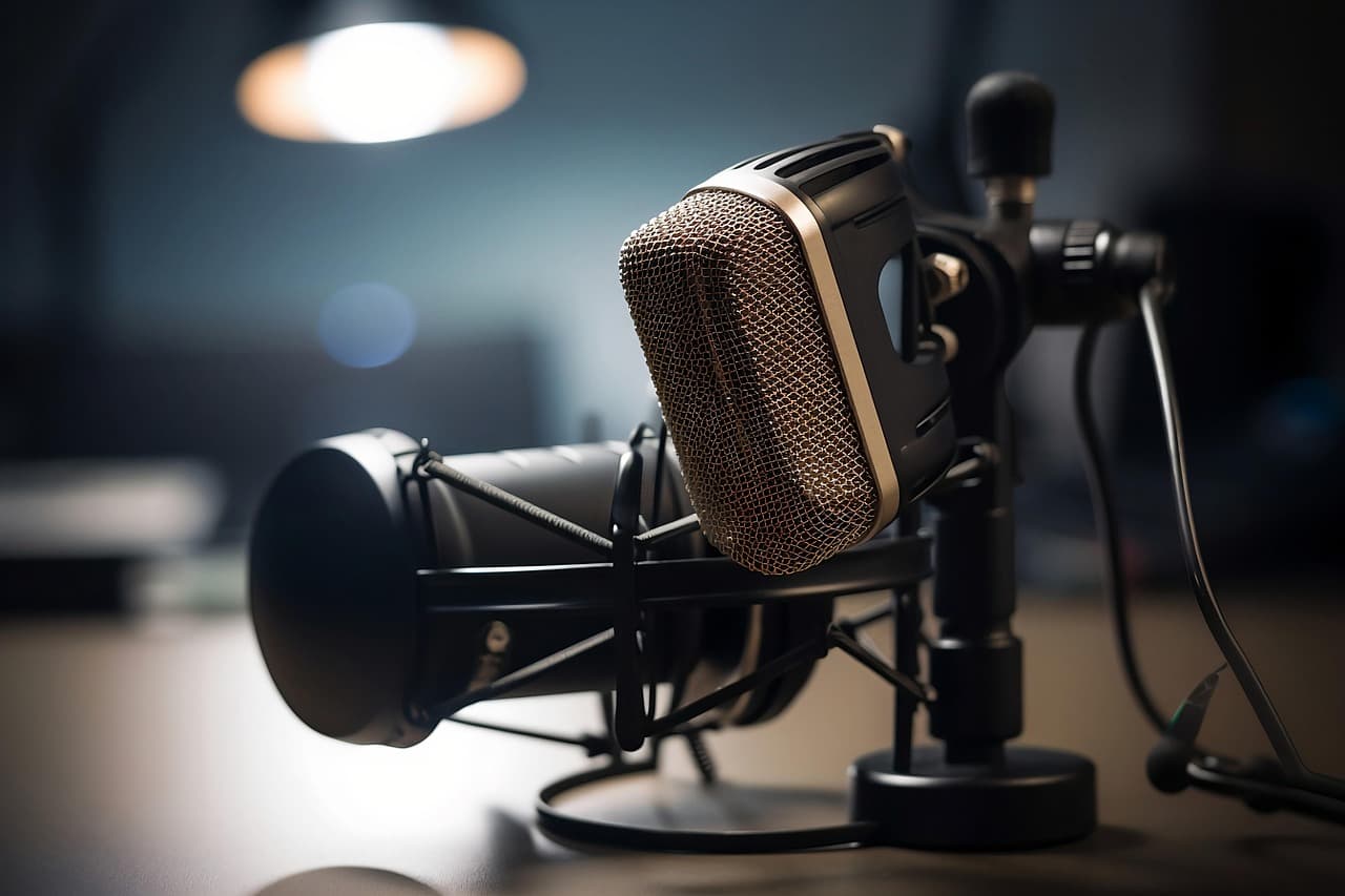 A studio microphone lit in moody blue tones, evoking live voice practice