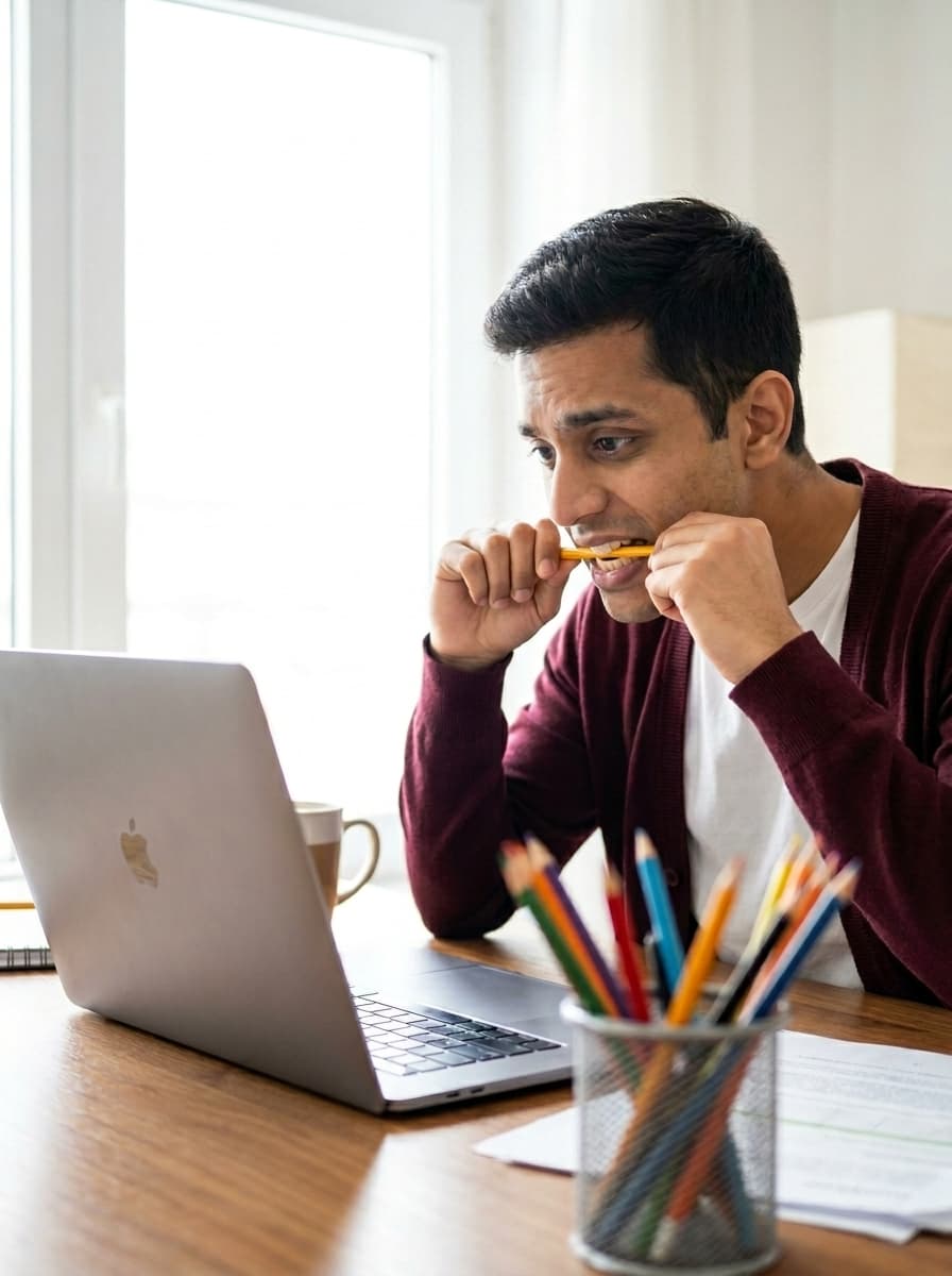 A young man looking anxious and overwhelmed while studying at a laptop